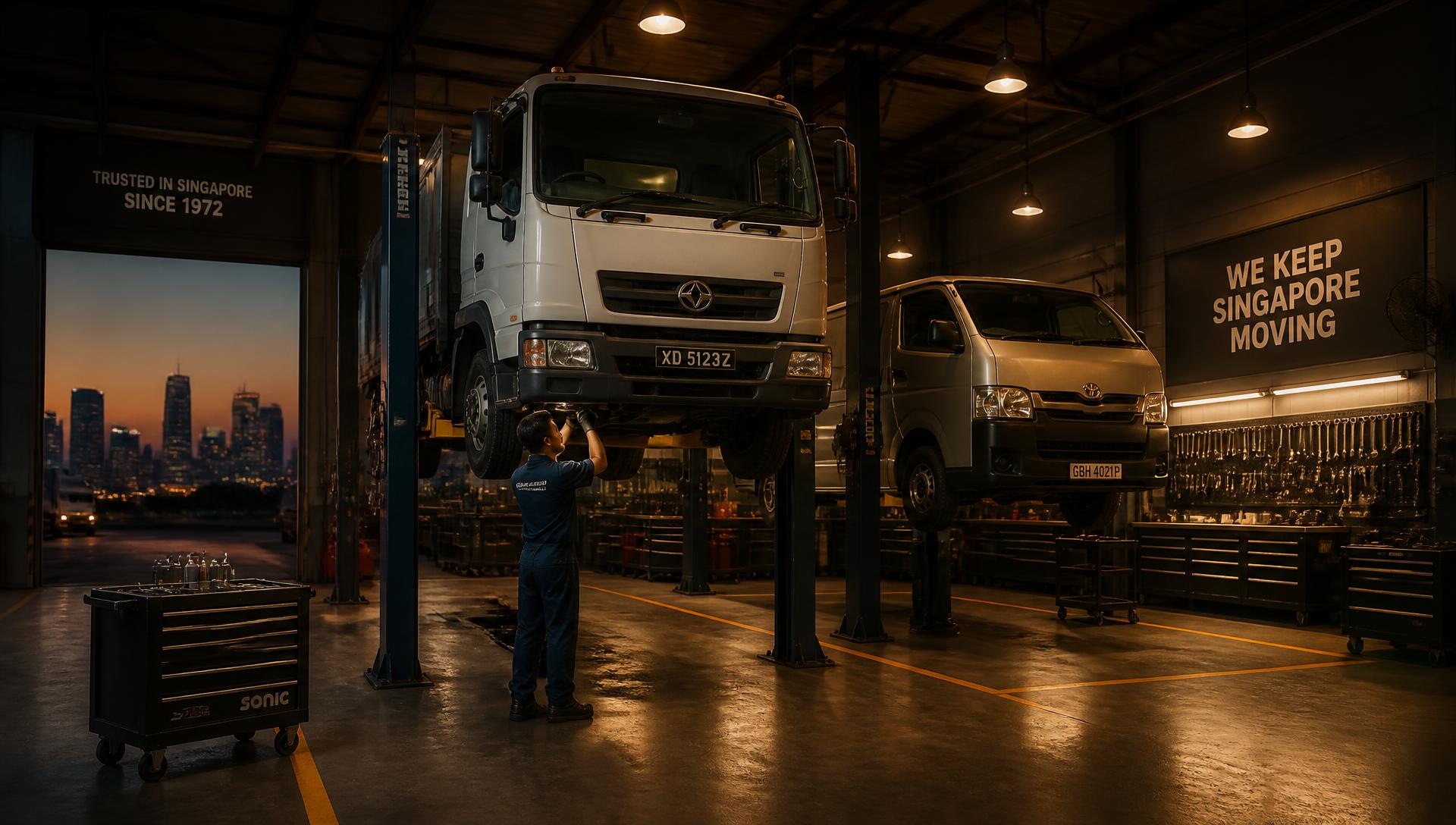 Commercial vehicles on lifts inside the Kim Wah Seng workshop